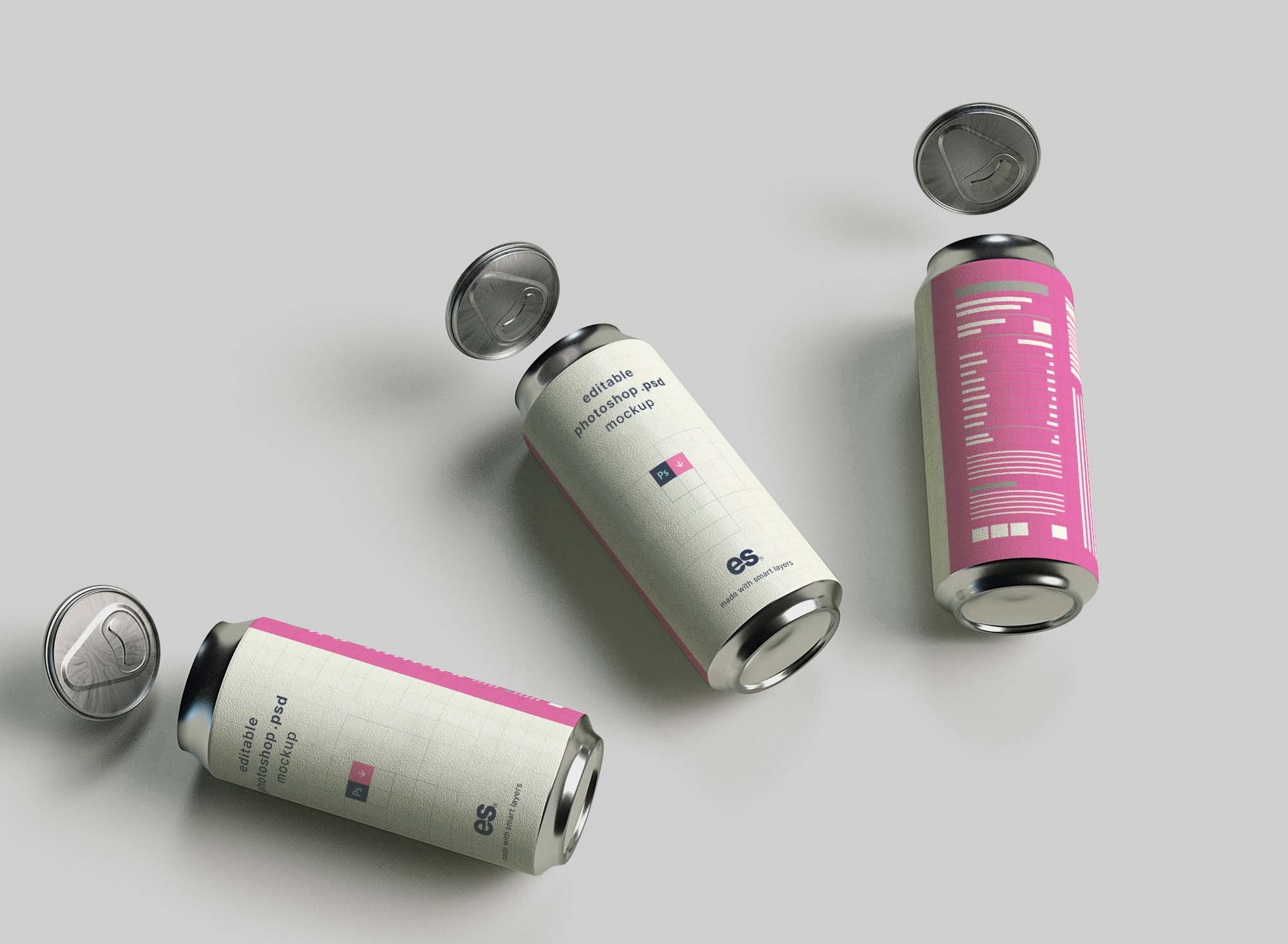 3 Lying Aluminum Soda Cans mockup Featuring Floating Lids FREE PSD