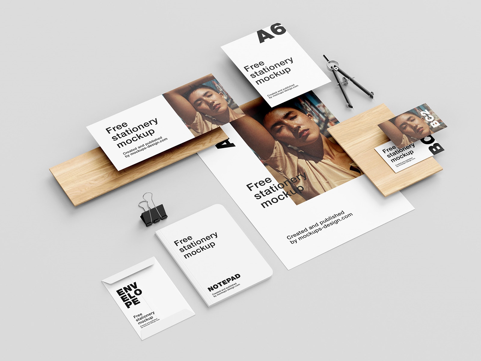 5 Mockups of Stationery and Wooden Element in Perspective View FREE PSD