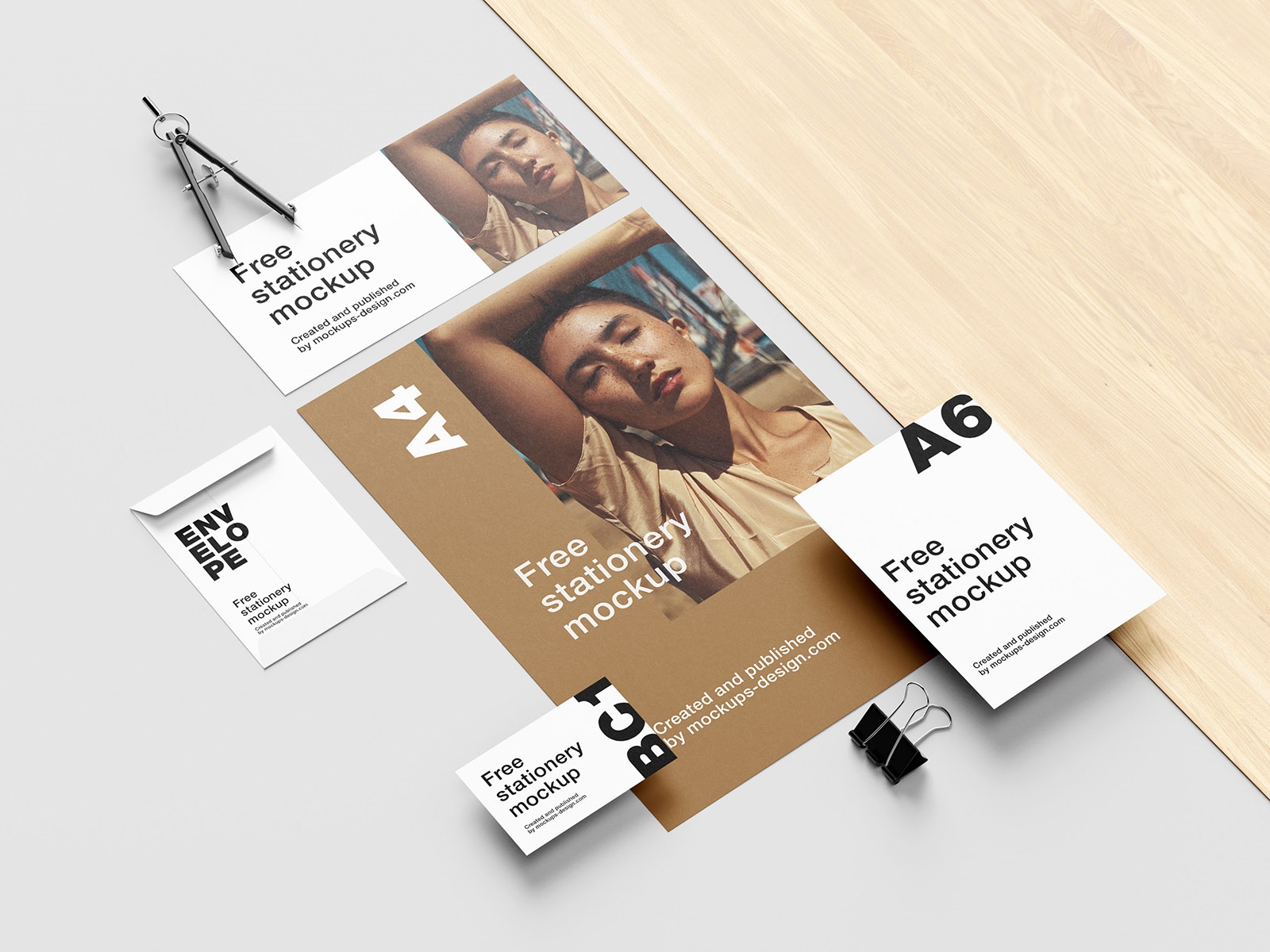 5 Mockups of Stationery and Wooden Element in Perspective View FREE PSD