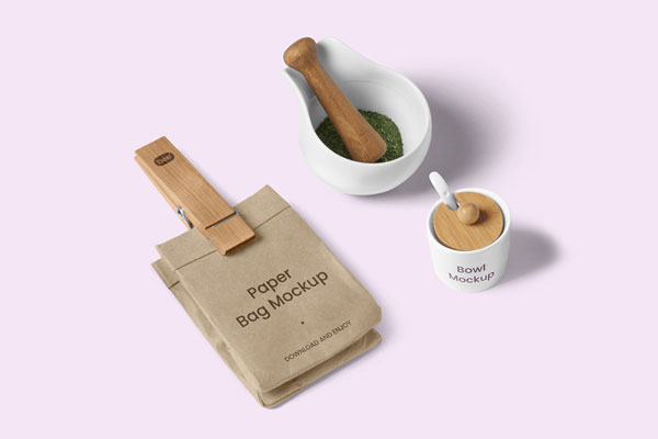 Cute Tiny Paper Bag Mockup with Bowl from Upside FREE PSD