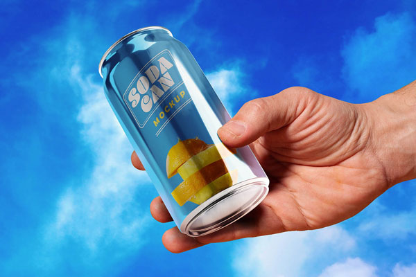 Front View of a Hand Holding Soda Can Mockup FREE PSD