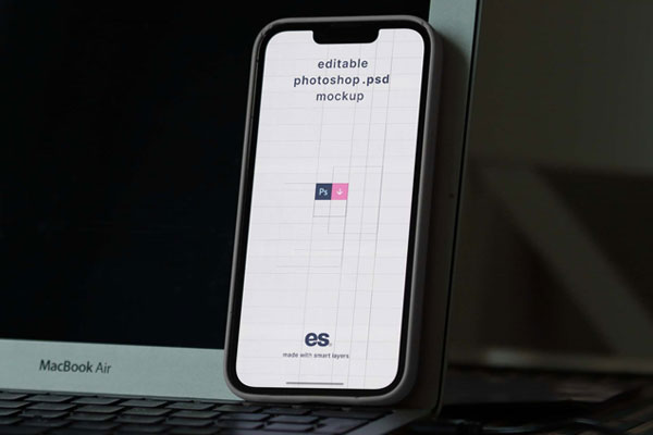 Front View of Modern Phone Mockup on Laptop FREE PSD