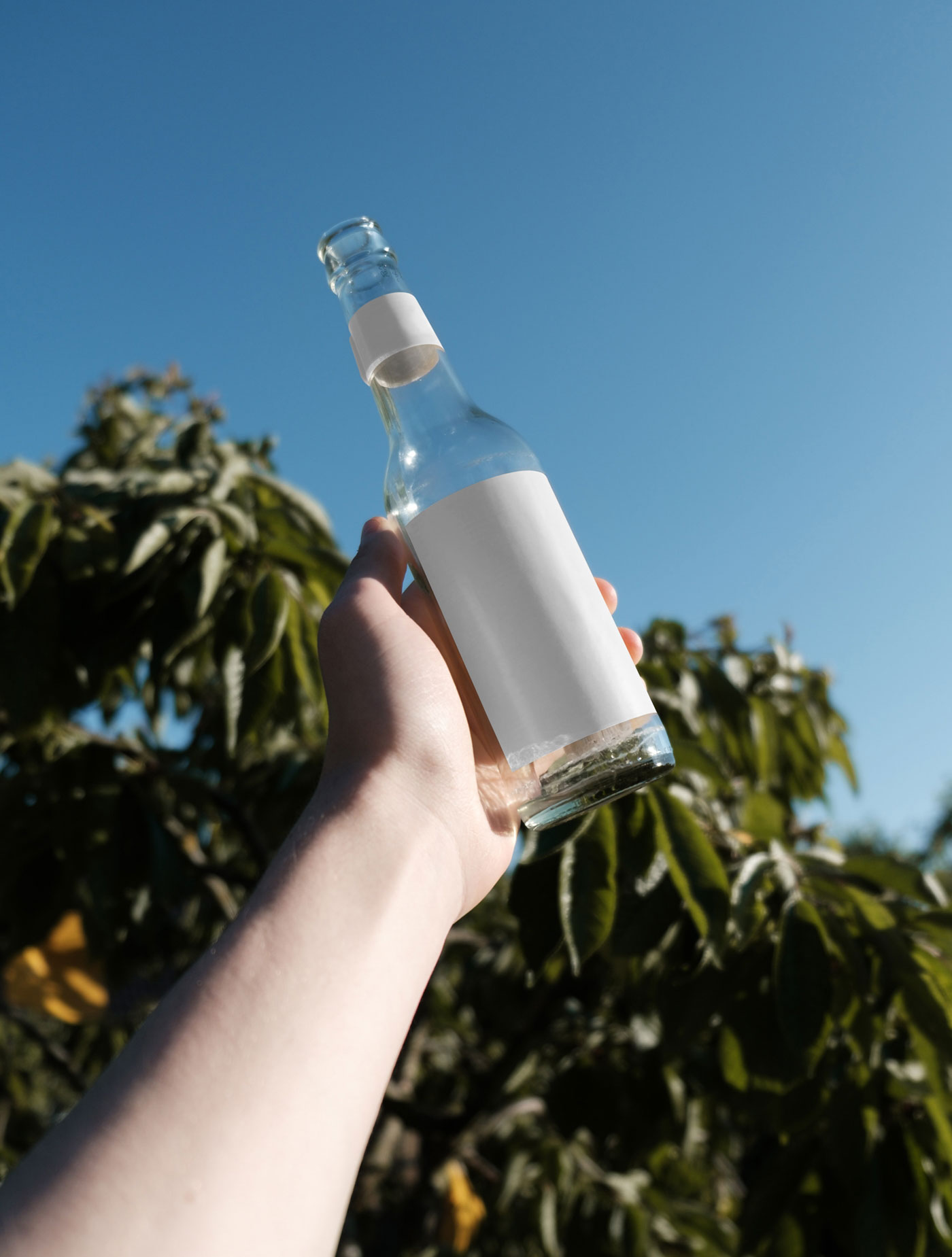 Handholding Glass Bottle Mockup in Nature FREE PSD