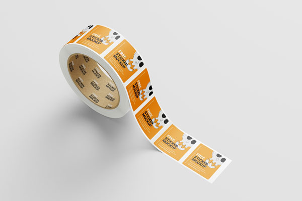 Perspective and Top View of 5 Square Sticker Roll Mockups FREE PSD