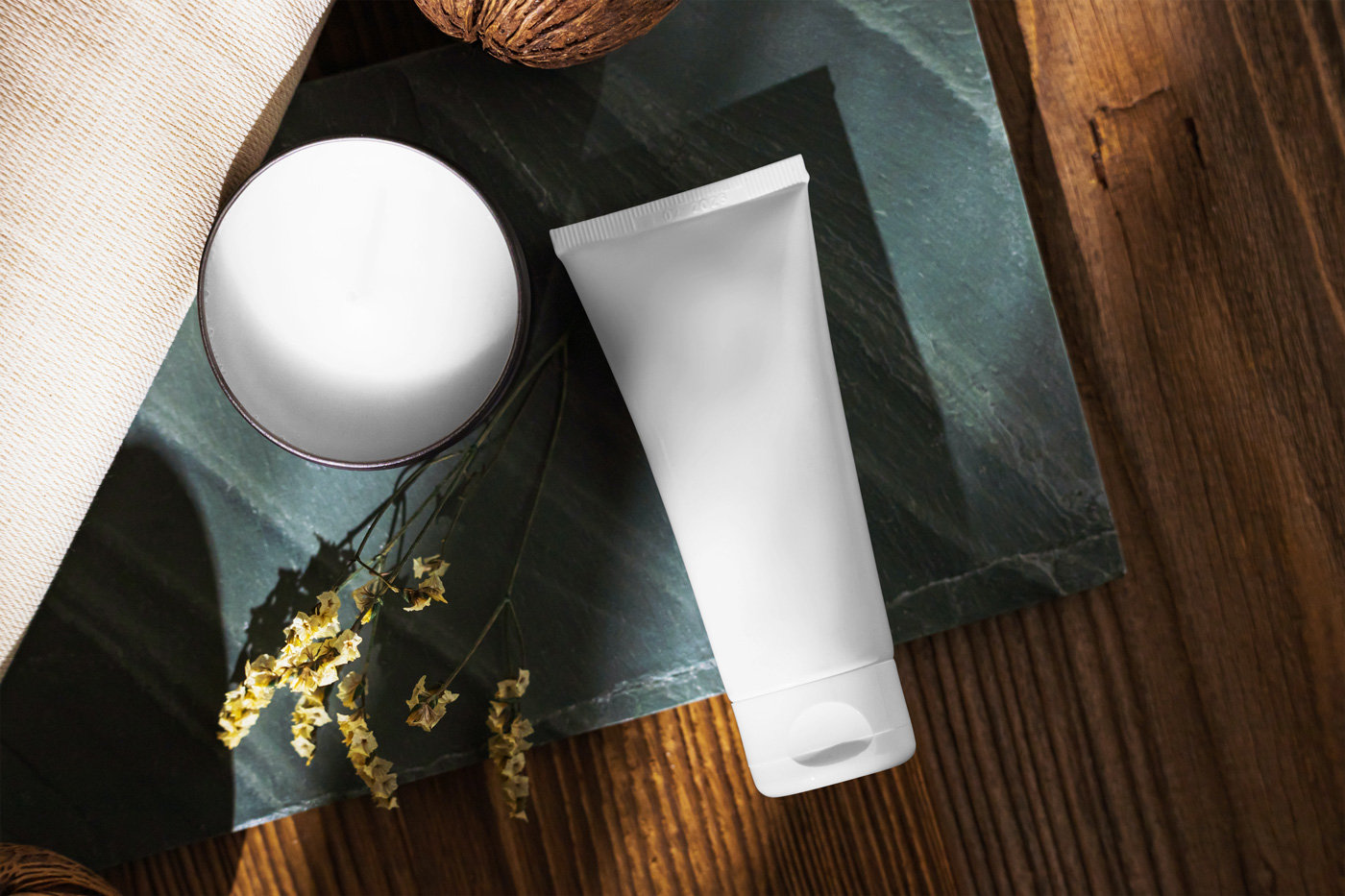 Top View of Cosmetic Tube Mockup with Candle FREE PSD
