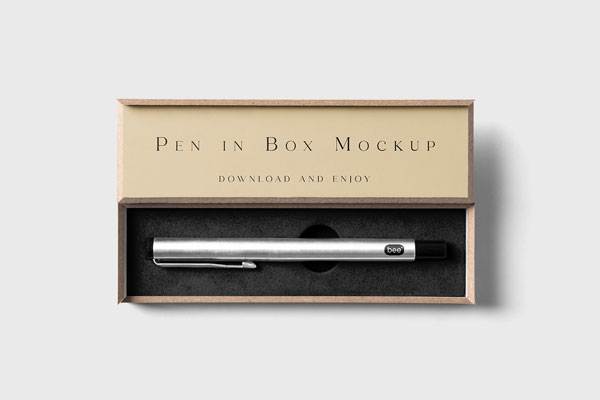 Top View of Pen Inside Its Wooden Box Mockup FREE PSD