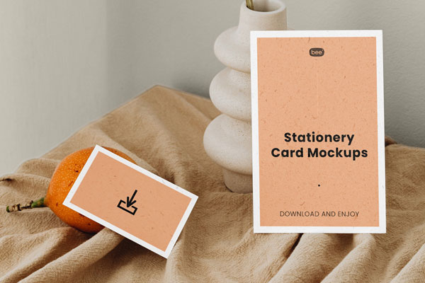2 Stationery Eco Cards Mockup in Front View with Vase FREE PSD