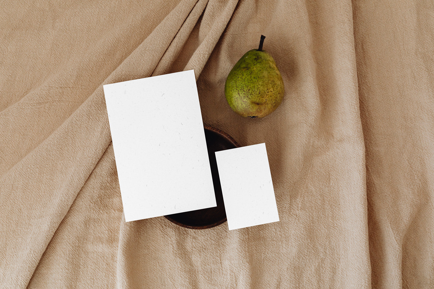 2 Stationery Eco Cards Mockup with Pear in Top Sight FREE PSD
