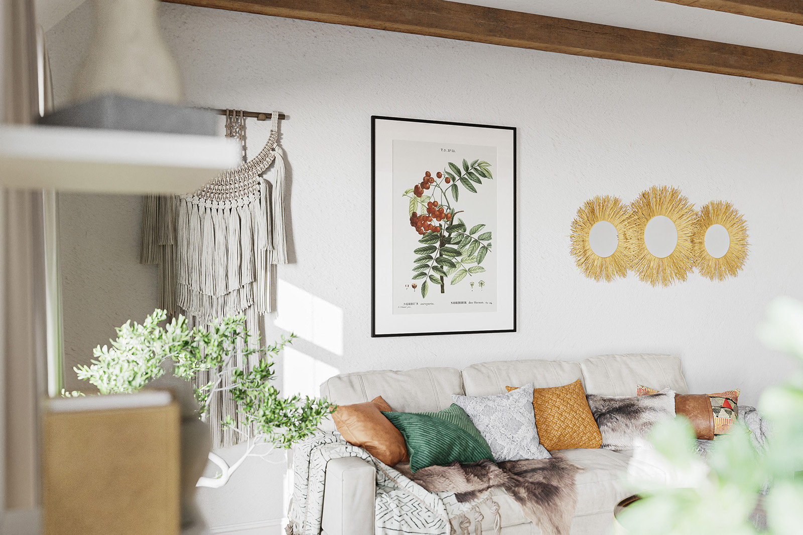 3 Mockups Hanged Poster in Cozy Boho Room FREE PSD