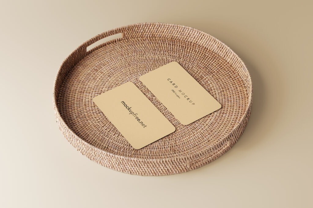 5 Shots of Business Card Mockups on a Wicker Tray FREE PSD
