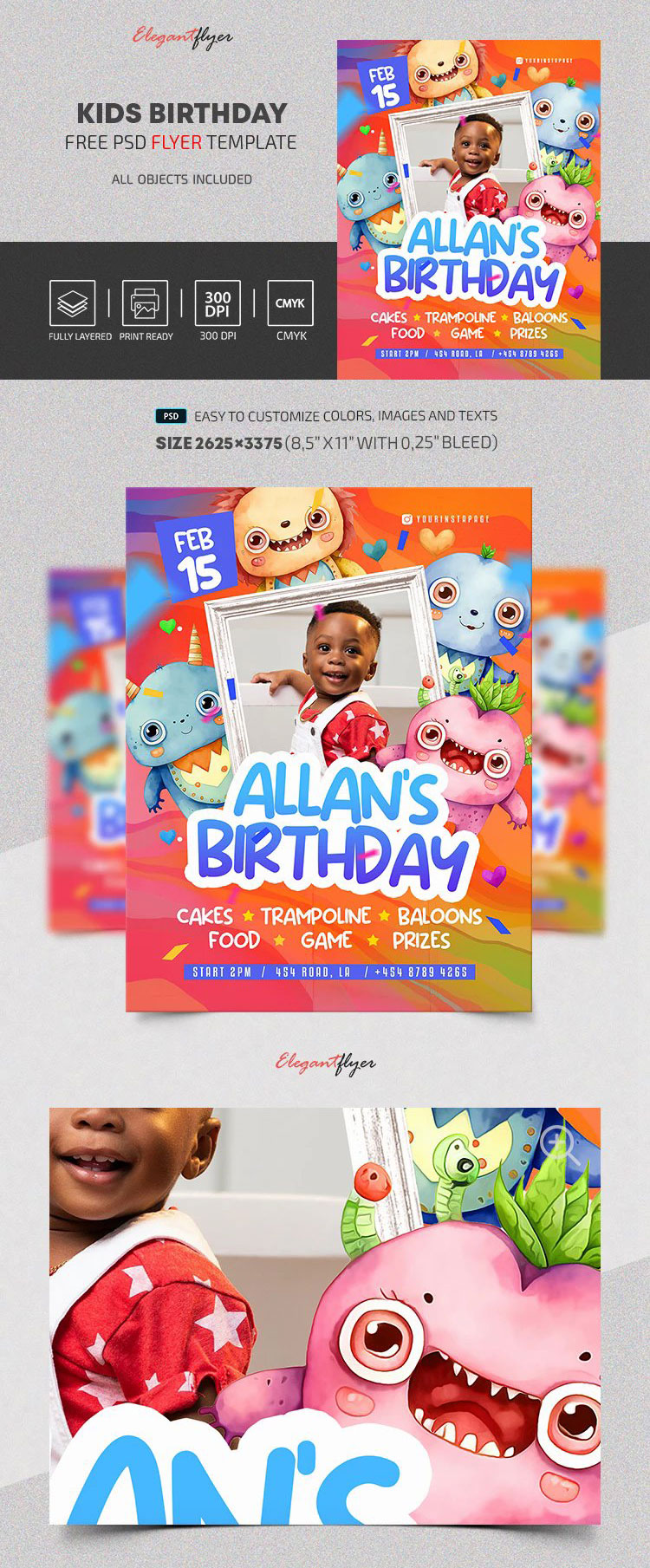 Colorful Illustrative Kid Birthday Flyer Template FREE PSD