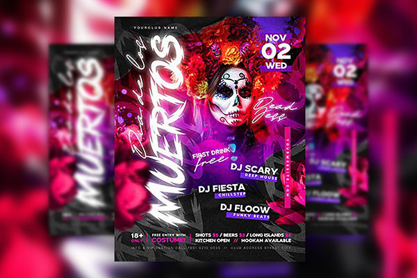 Colorful Neon Dia De Los Muertos Flyer Template FREE PSD
