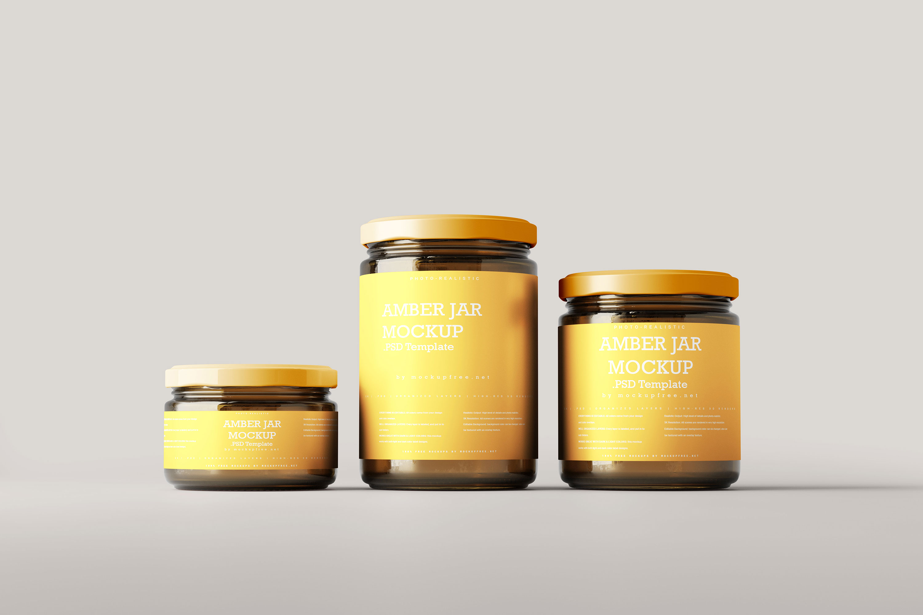 Front View of Amber Glass Jar Mockups in 3 Different Sizes Free