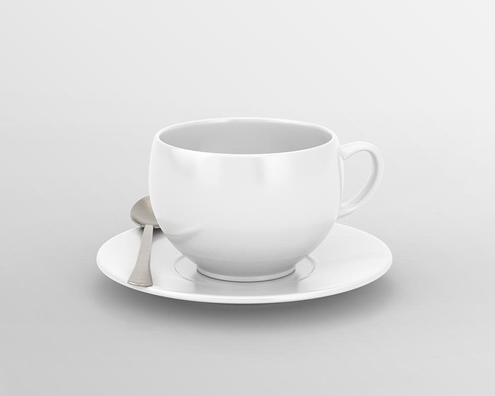 Front View of Tea Cup Mockup Featuring Saucer and Silver Spoon FREE PSD