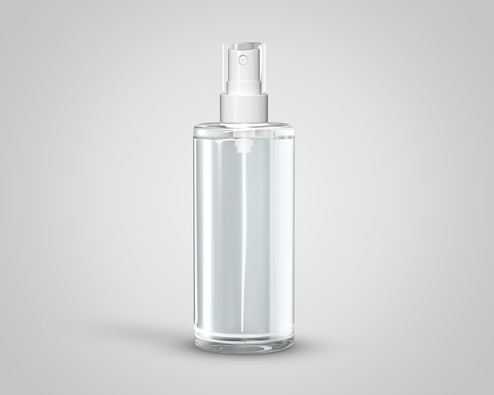 Front View of Transparent Cosmetic Spray Bottle Mockup FREE PSD