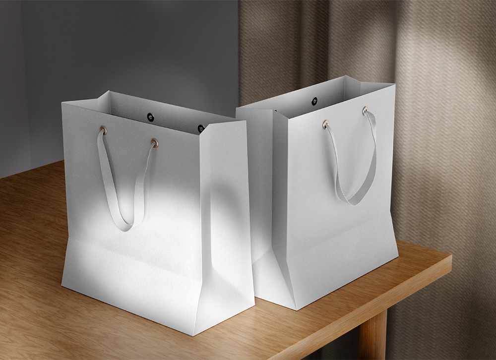 Perspective Sight of 2 Paper Bags Mockup on Wooden Table FREE PSD