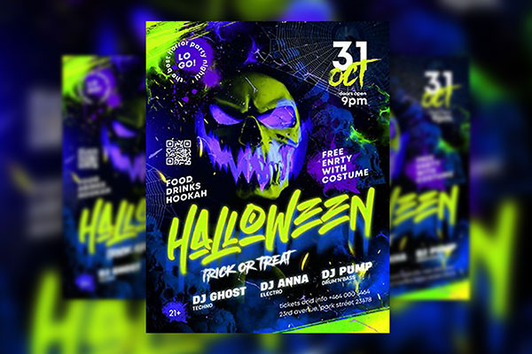 Spooky Halloween Flyer Template with Neon Effects Free Download ...