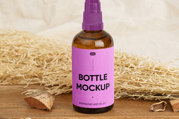 Front Sight of Standing Spray Bottle Mockup on Wooden Plate FREE PSD
