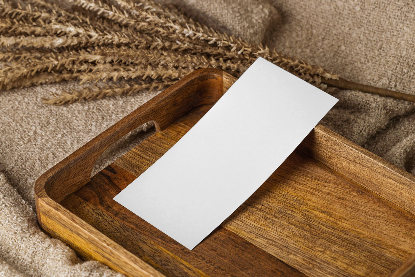 Oblong Card Mockup on Wooden Plate in Perspective Sight FREE PSD