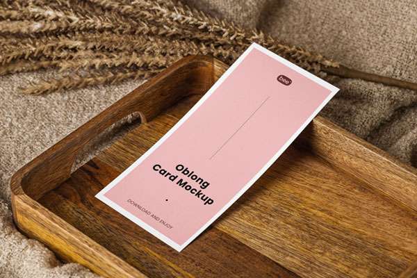 Oblong Card Mockup on Wooden Plate in Perspective Sight FREE PSD
