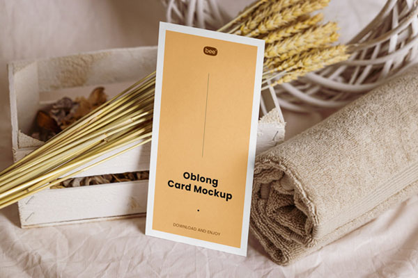 Oblong Paper Card Mockup with Towel in Perspective Sight FREE PSD