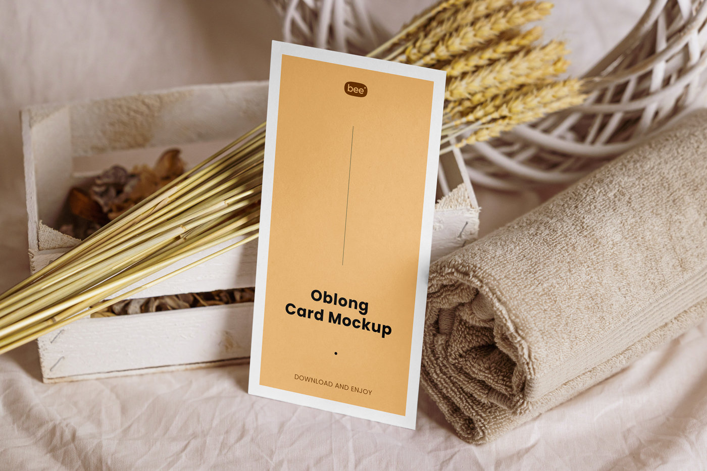 Oblong Paper Card Mockup with Towel in Perspective Sight FREE PSD