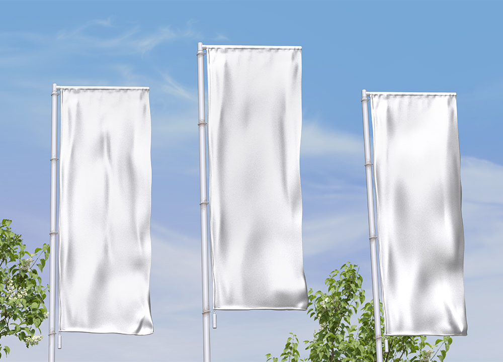 Perspective View of 3 Vertical Outdoor Wrinkled Pole Flags Mockup FREE PSD