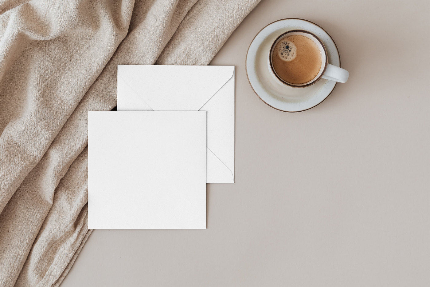 Top View of Square Open Card Mockup with Envelope FREE PSD
