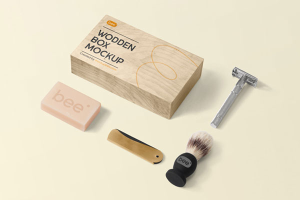 Top View of Wooden Box Mockup Featuring Facial Make-up Set FREE PSD