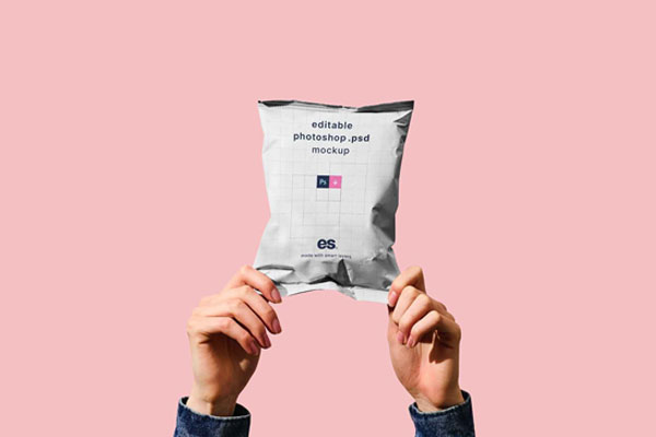 Front View of Handholding Potato Chips Bag Mockup FREE PSD
