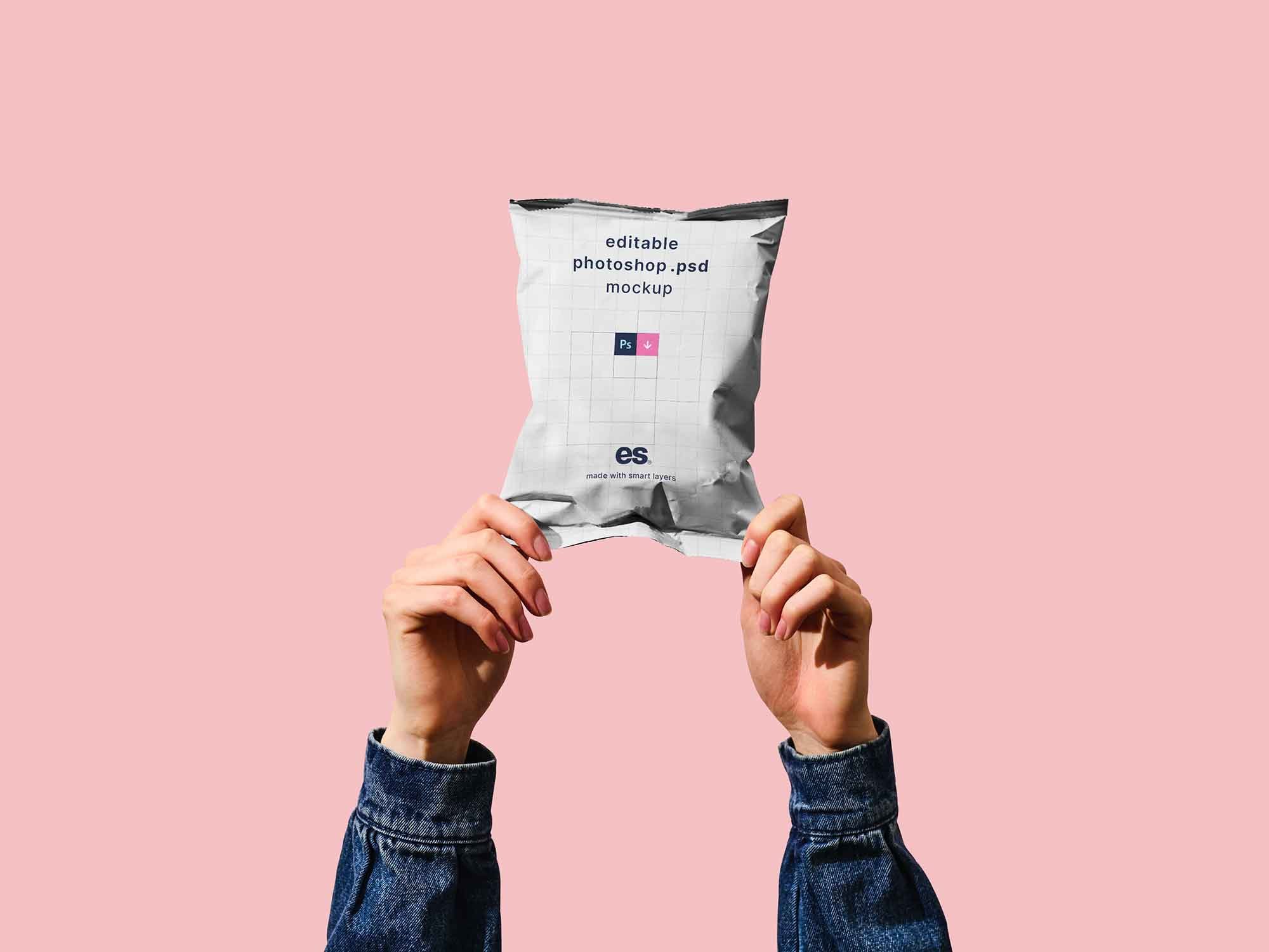 Front View of Handholding Potato Chips Bag Mockup FREE PSD