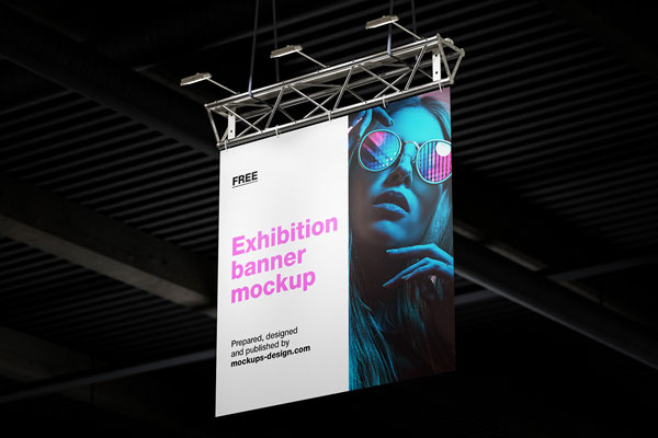 3 Hanging Exhibition Banner Mockups in Perspective Sights FREE PSD