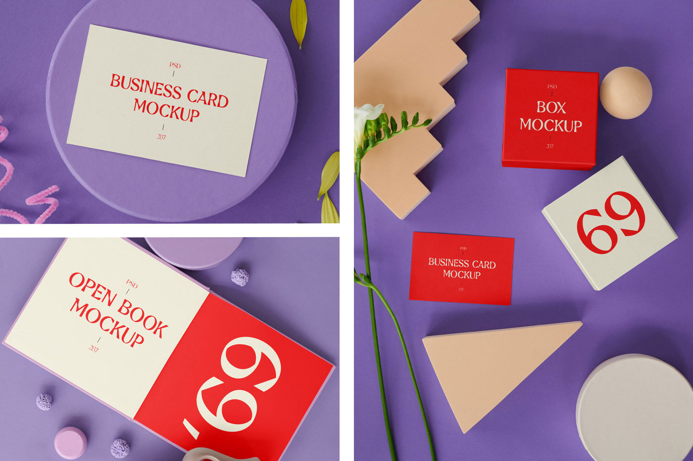 3 Mockups of Books and Cards with Geometric Shapes FREE PSD