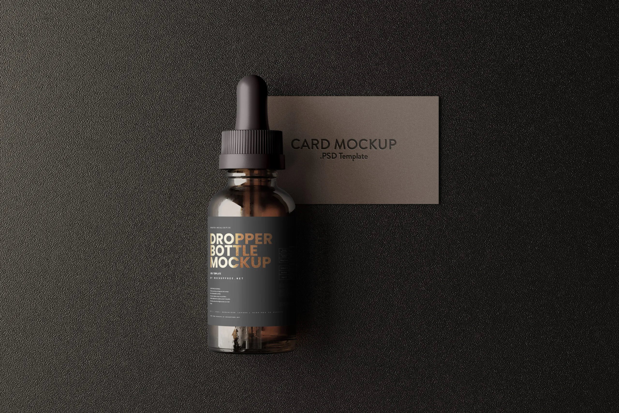 5 Dropper Bottle Mockups with Business Card in Different Views FREE PSD