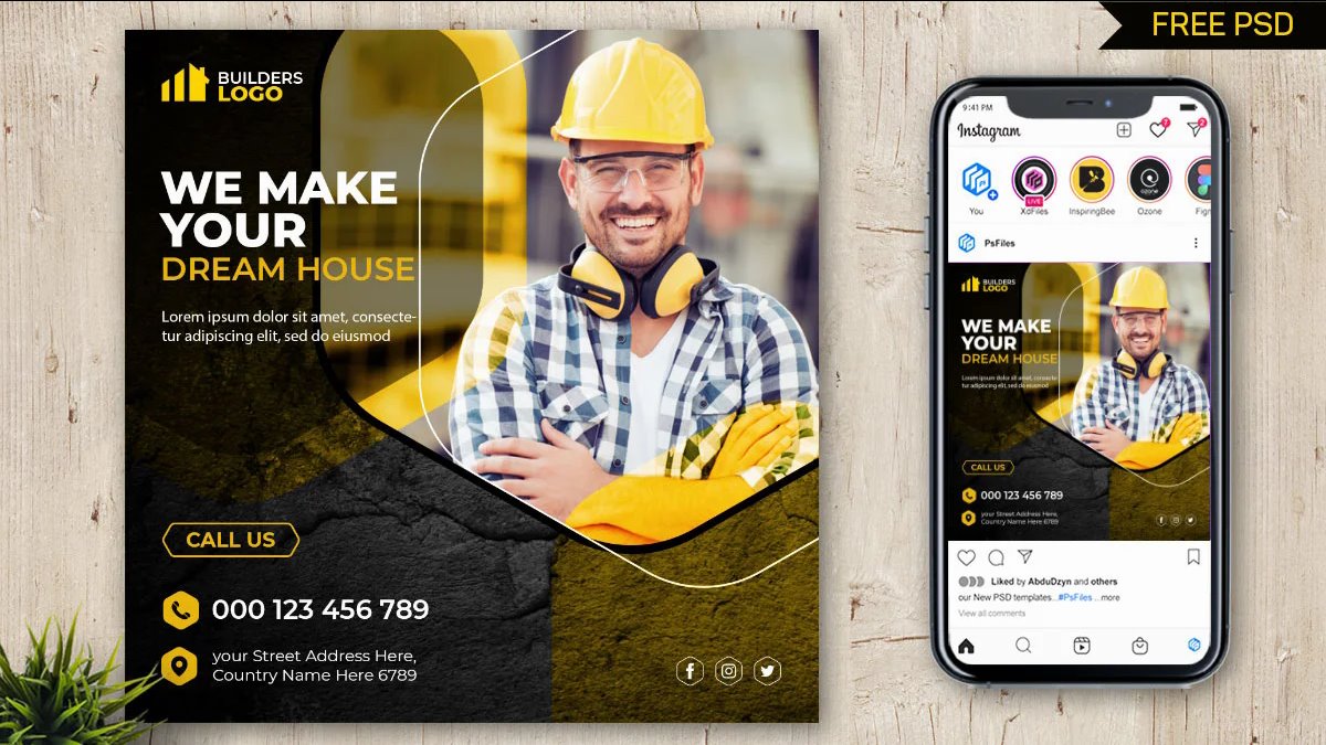 Geometric Construction Builders Instagram Post Template FREE PSD
