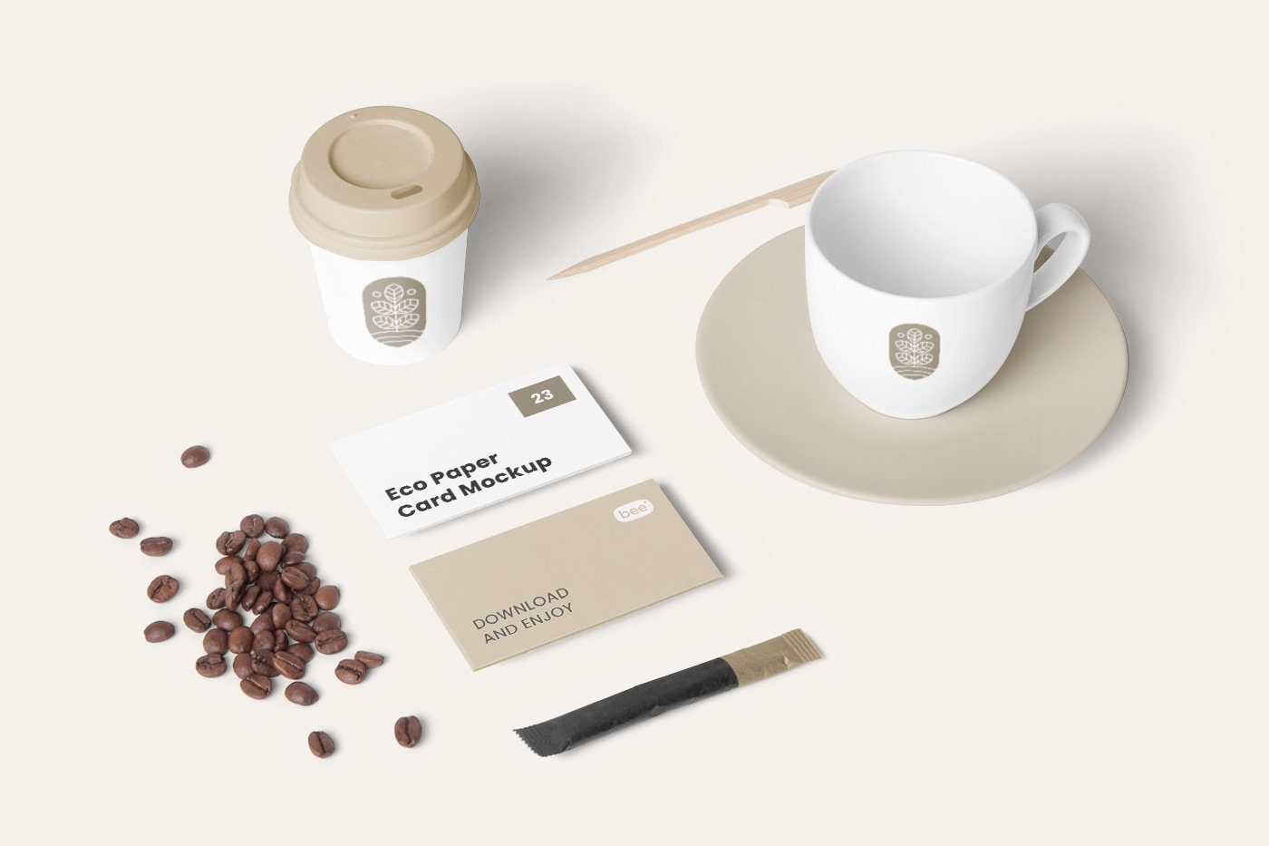 Perspective Sight of Coffee Stationery Mockup with Coffee Beans FREE PSD