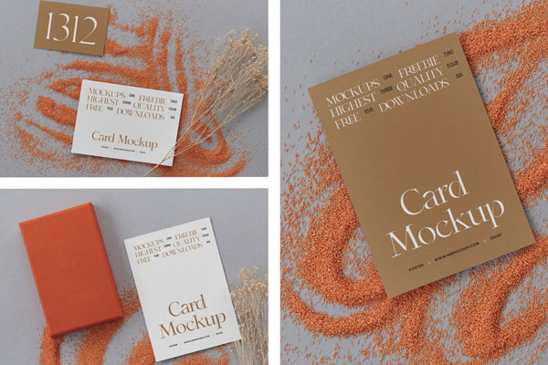 3 Cards Mockups with Twig in Perspective Views FREE PSD