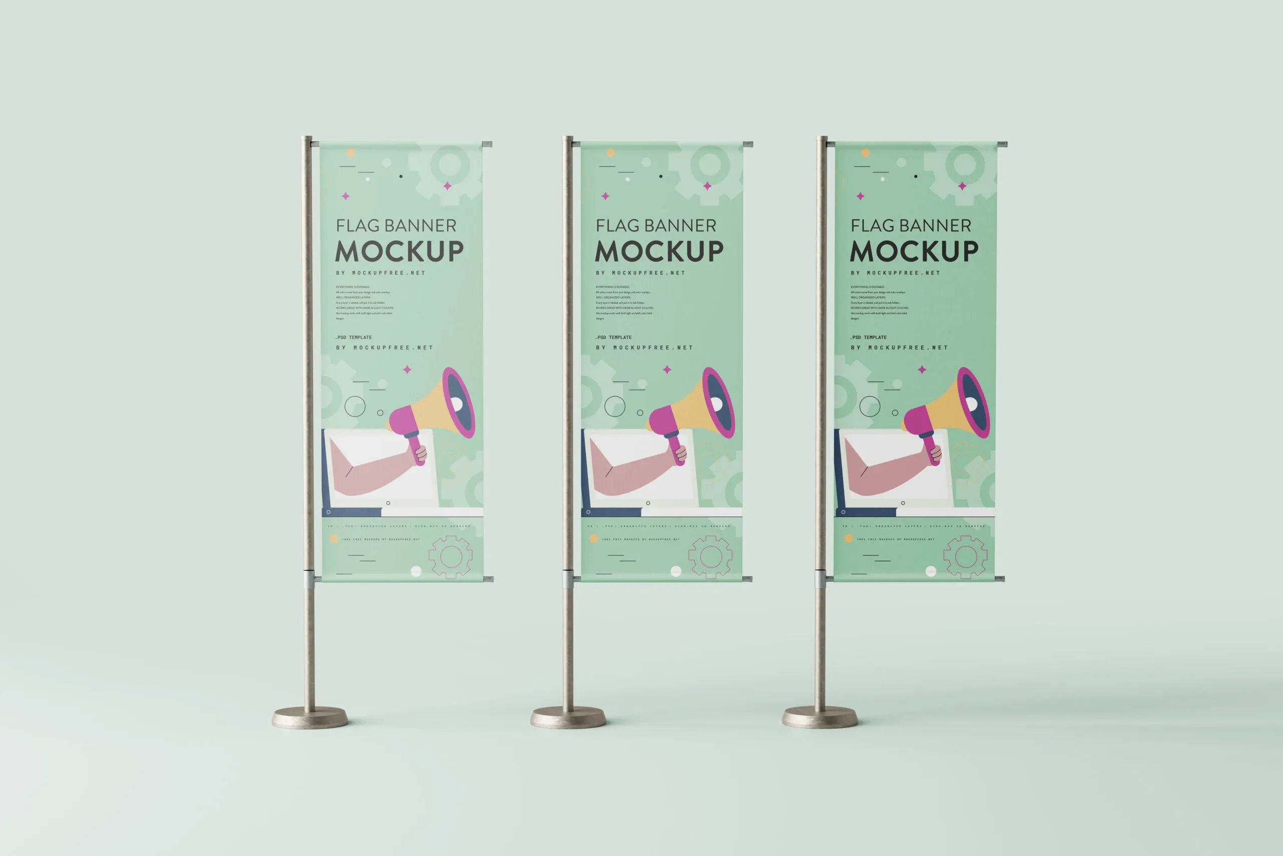 3 Flag Banners Mockups in Varied Visions FREE PSD