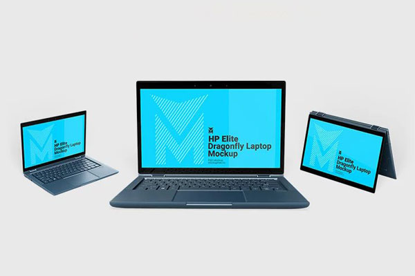 3 Mockups of HP Elite Dragonfly Laptop in Varied Views FREE PSD