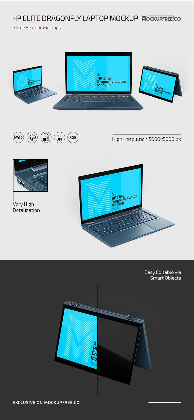 3 Mockups of HP Elite Dragonfly Laptop in Varied Views FREE PSD