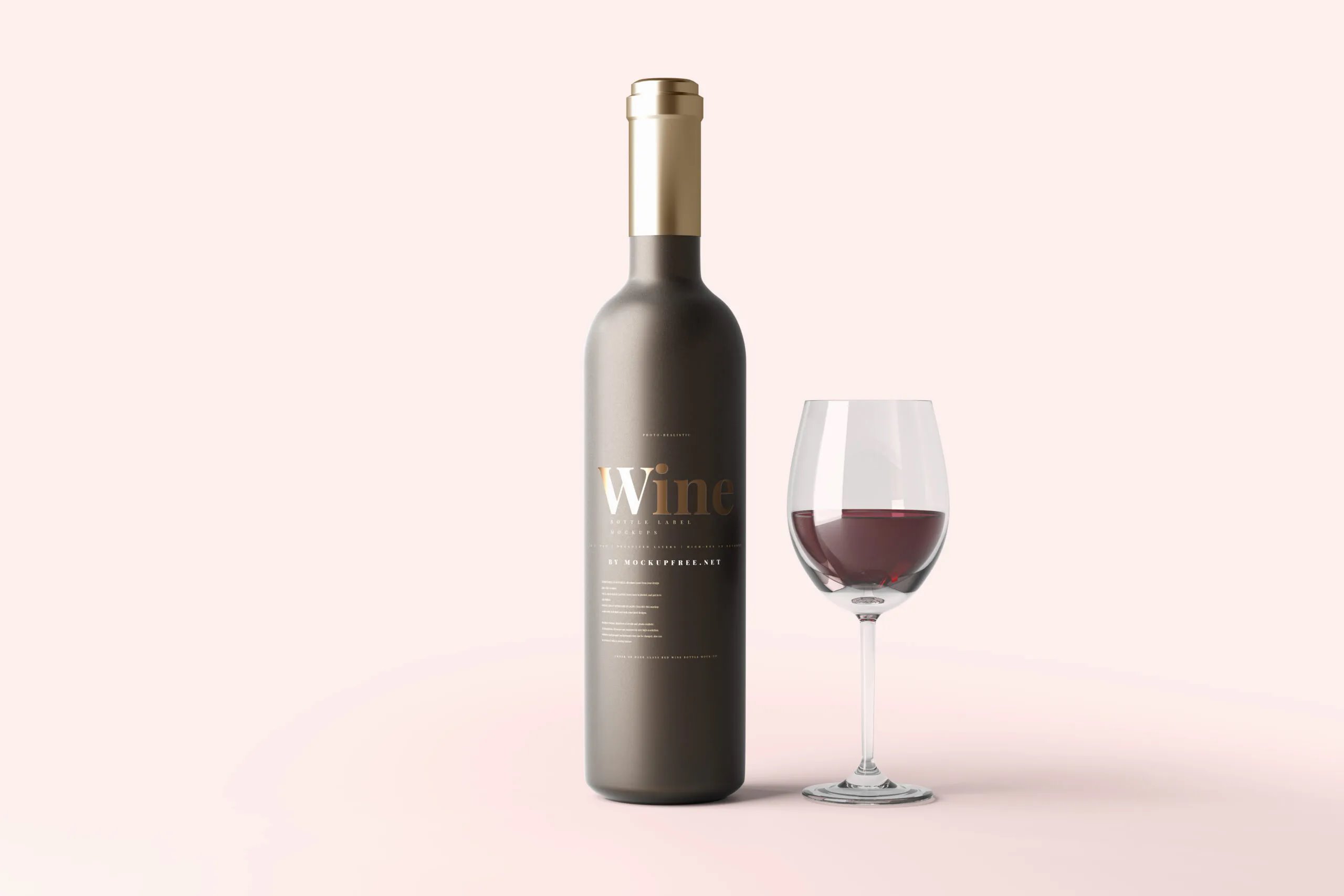 5 Amber Frosted Glass Wine Bottles Mockups with Glass FREE PSD