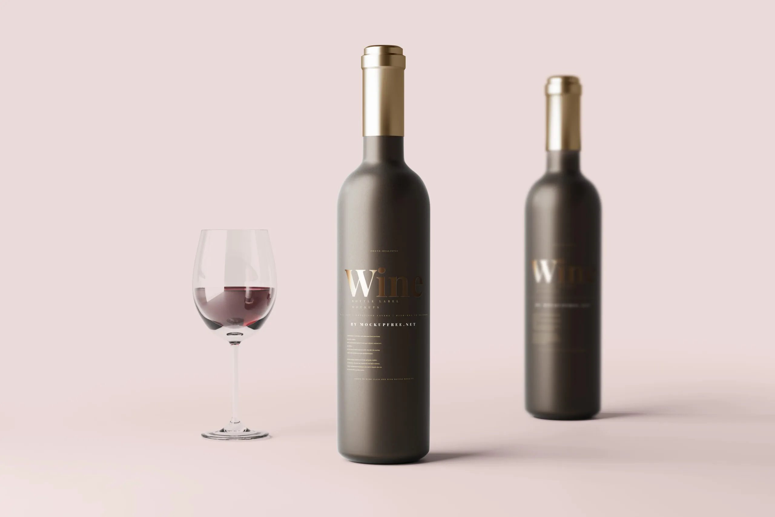 5 Amber Frosted Glass Wine Bottles Mockups with Glass FREE PSD