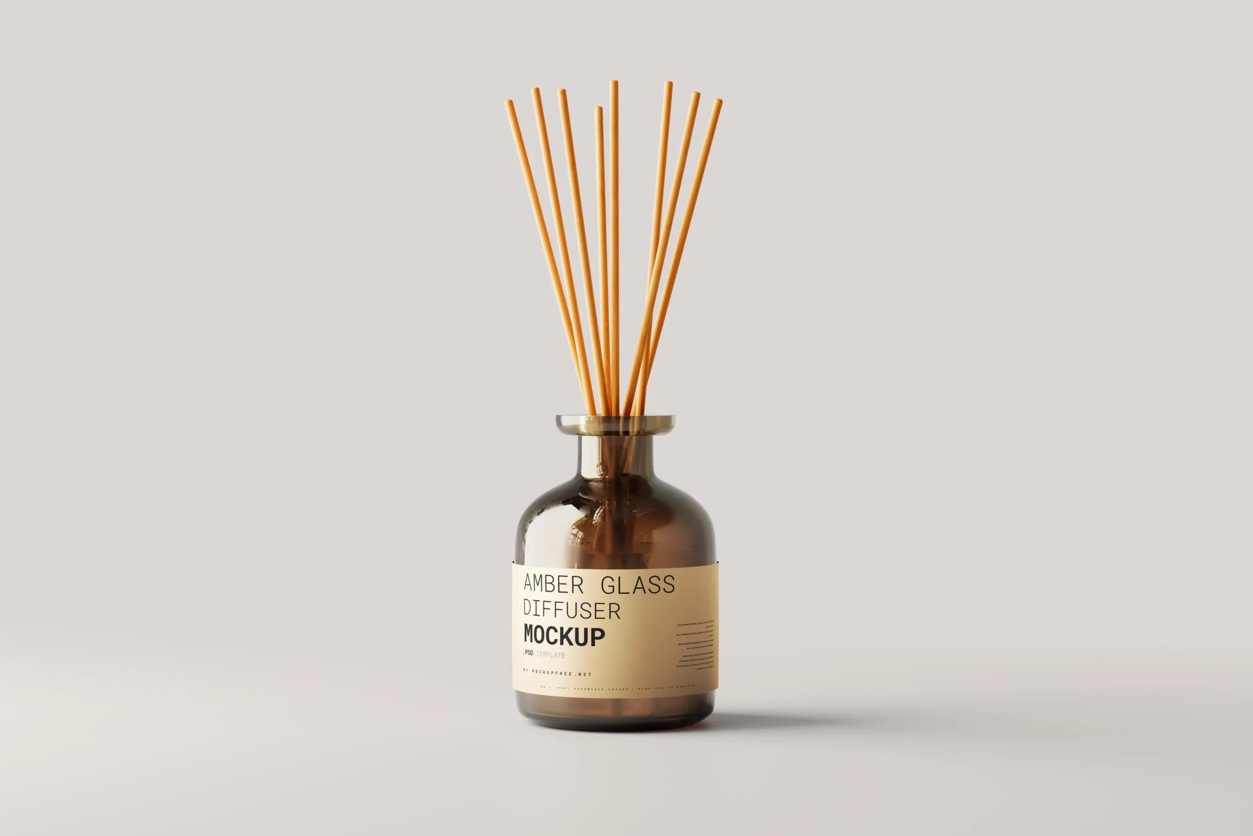 5 Amber Glass Reed Diffuser Mockups with Reeds FREE PSD