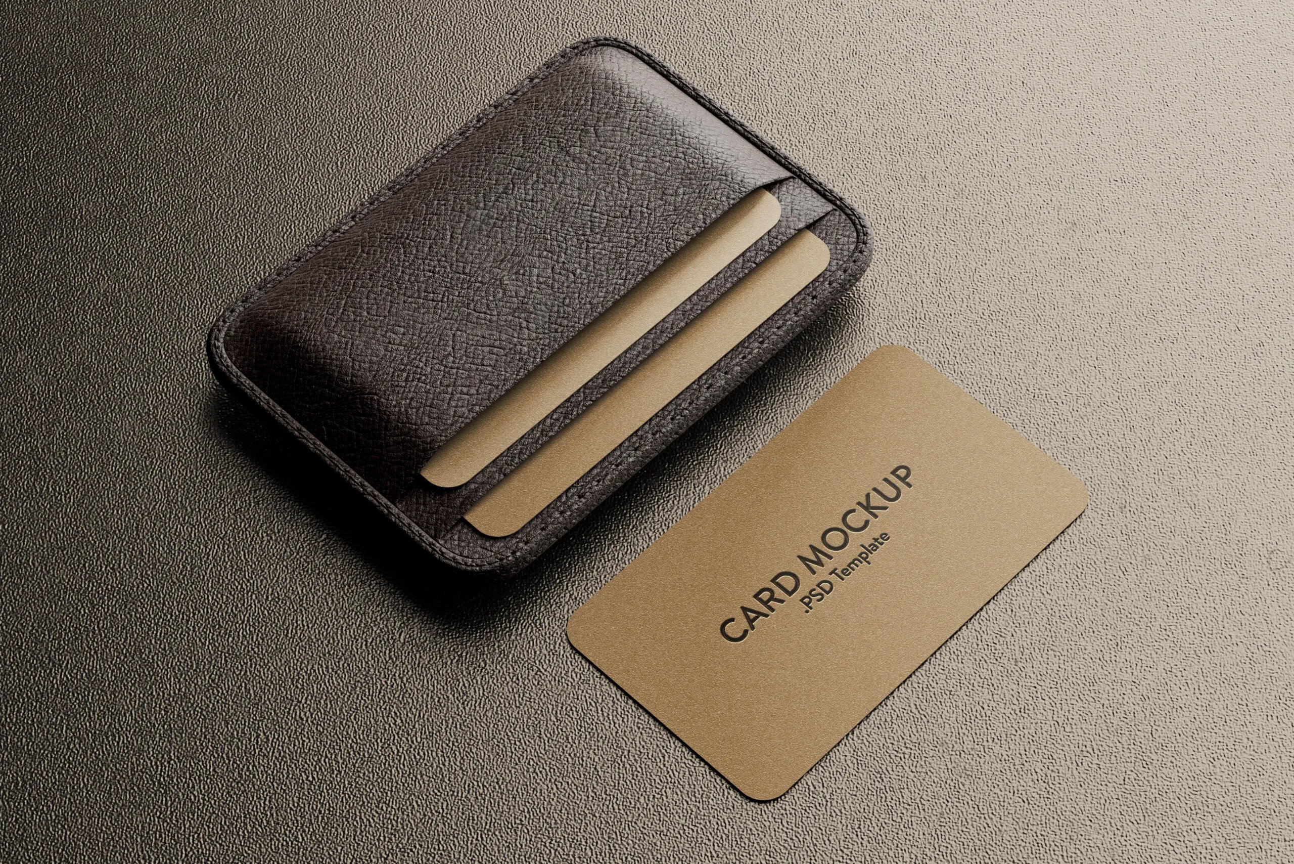 5 Business Cards Mockups with Leather Holder in Perspective View FREE PSD