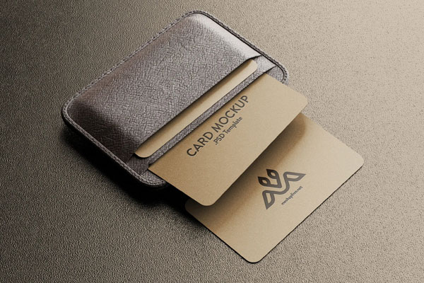 5 Business Cards Mockups with Leather Holder in Perspective View FREE PSD