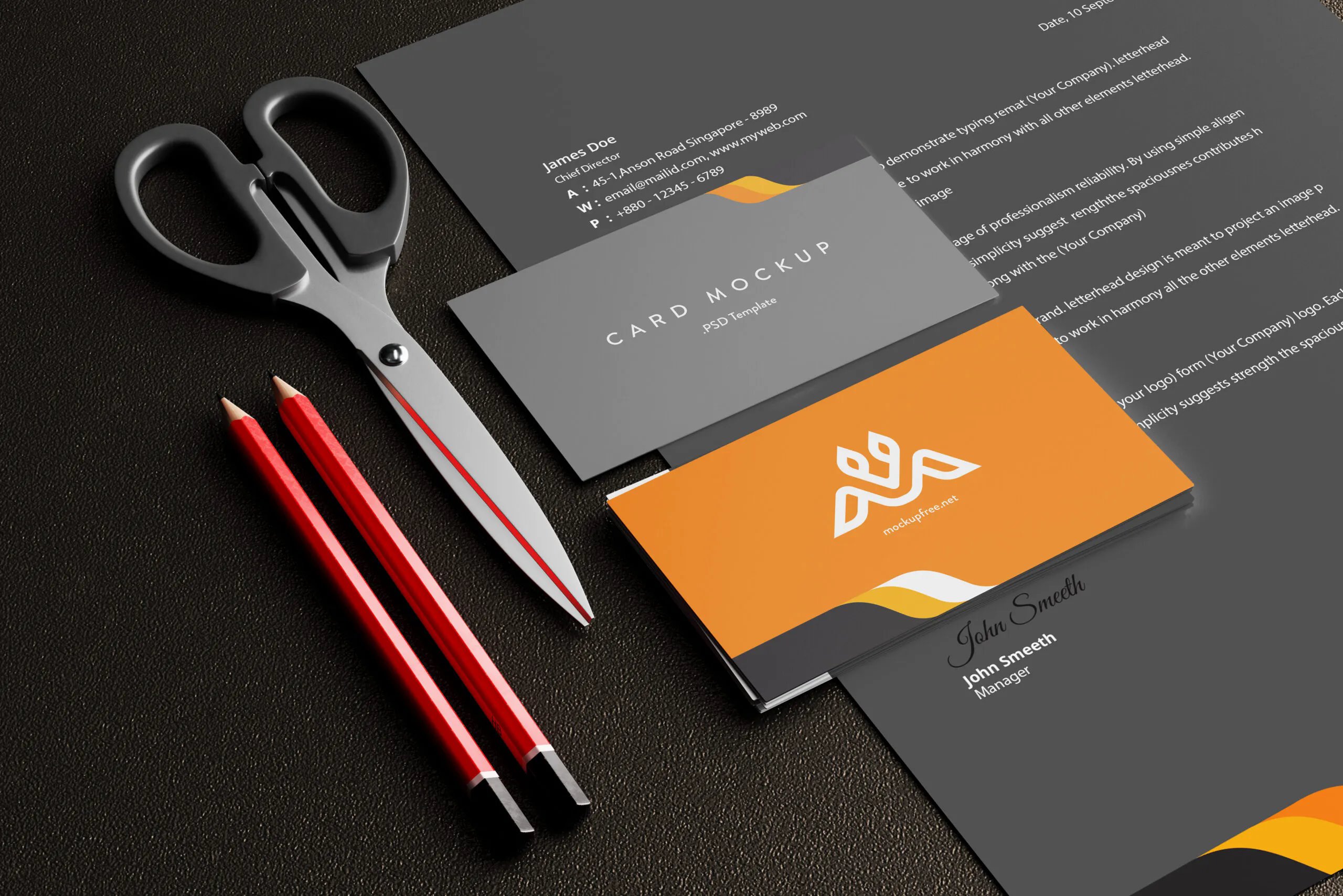 5 Business Cards Mockups with Letterhead in Perspective and Top Sights FREE PSD