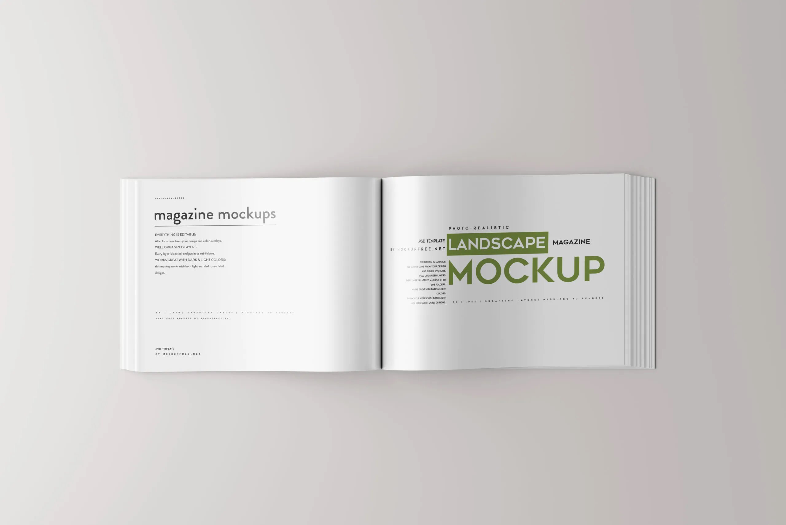 5 Horizontal Open Magazine Mockups in Top and Perspective Sights FREE PSD