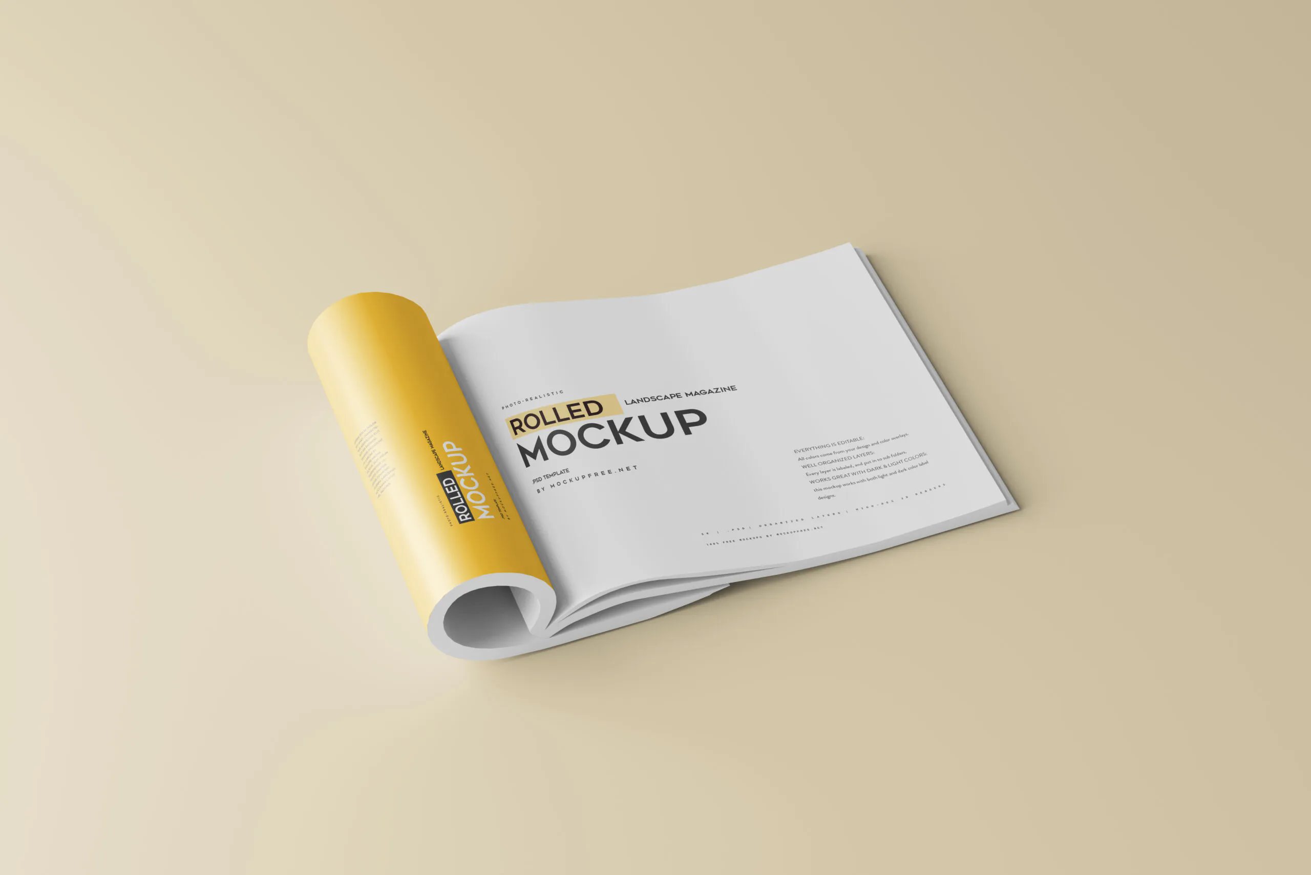 5 Landscape Rolled Up Magazine Mockup in Different Views FREE PSD