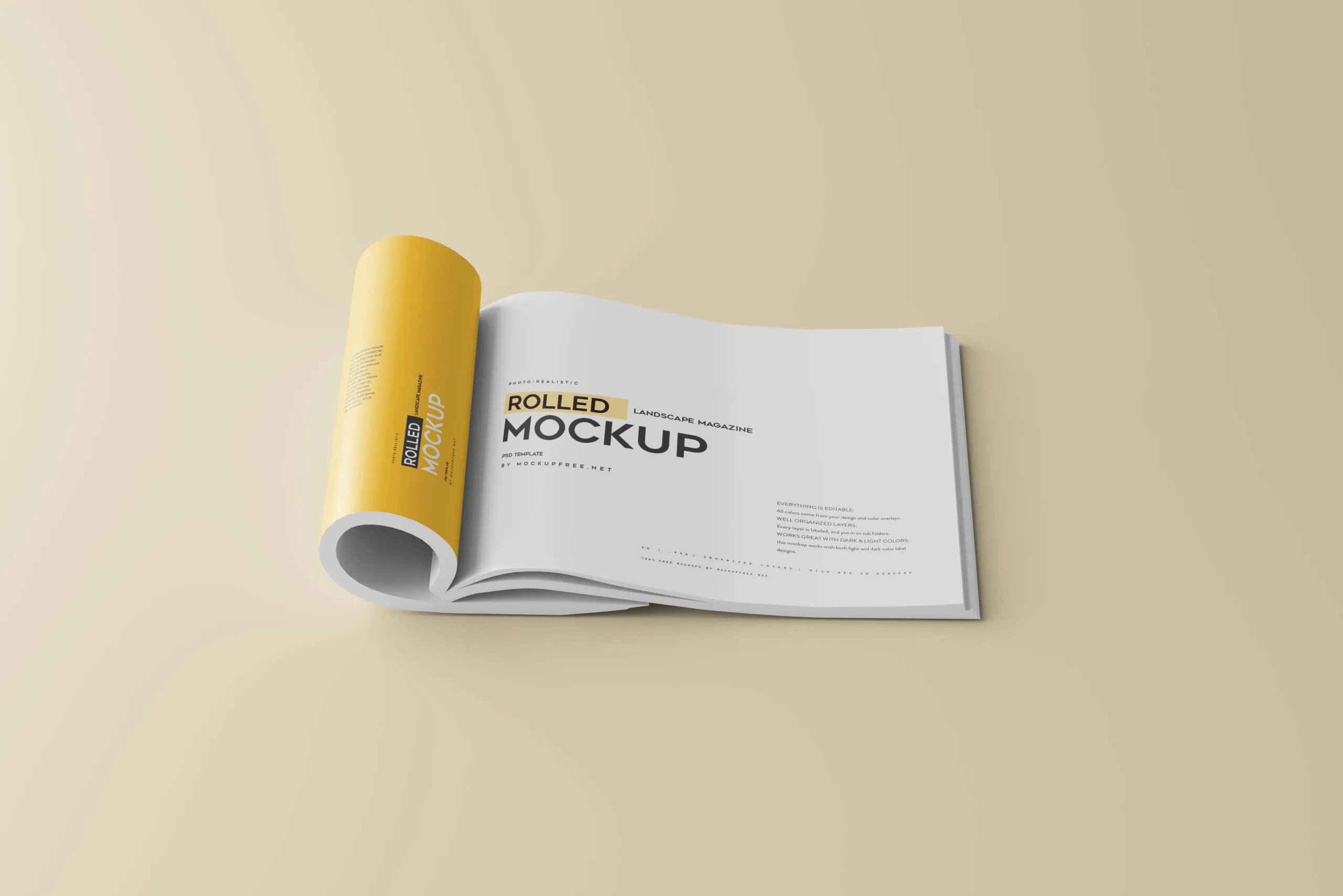 5 Landscape Rolled Up Magazine Mockup in Different Views FREE PSD