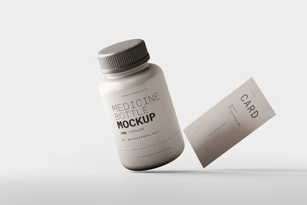 5 Medicine Bottle with Business Card Mockups in Distinct Shots FREE PSD